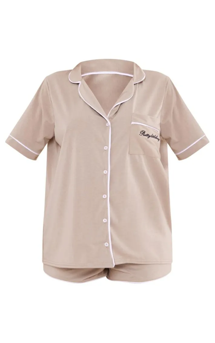 PRETTYLITTLETHING Sand Embroidered Jersey Piping Detail Short PJ Set