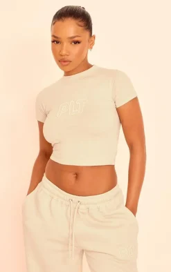 PRETTYLITTLETHING Sand Embroidered Fitted T Shirt