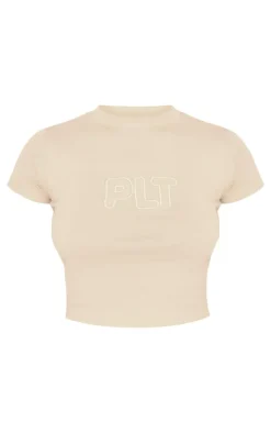 PRETTYLITTLETHING Sand Embroidered Fitted T Shirt