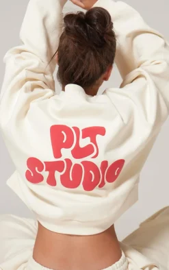 PRETTYLITTLETHING Sand Premium Studio Print Boxy Sweatshirt