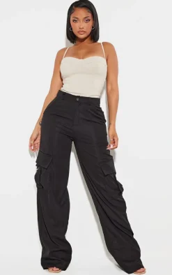PRETTYLITTLETHING Shape Black Buckle Detail Cargo Wide Leg Pants