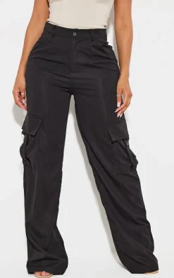 PRETTYLITTLETHING Shape Black Buckle Detail Cargo Wide Leg Pants