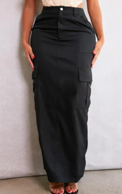 PRETTYLITTLETHING Shape Black Buckle Detail Cargo Maxi Skirt