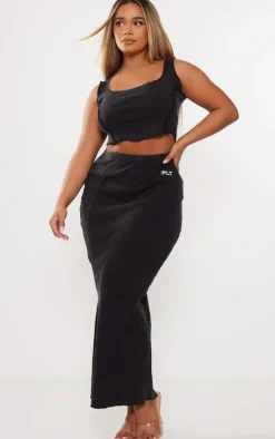 PRETTYLITTLETHING Shape Black Heavy Rib Badge Lettuce Hem Maxi Skirt