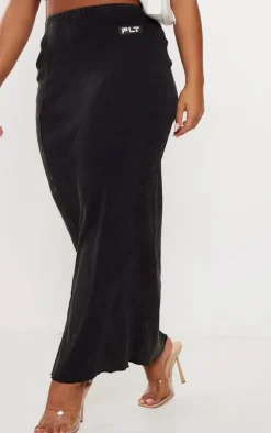 PRETTYLITTLETHING Shape Black Heavy Rib Badge Lettuce Hem Maxi Skirt