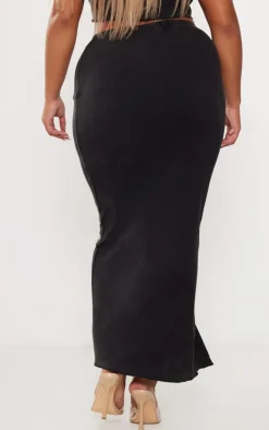 PRETTYLITTLETHING Shape Black Heavy Rib Badge Lettuce Hem Maxi Skirt