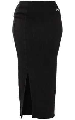 PRETTYLITTLETHING Shape Black Heavy Rib Badge Lettuce Hem Maxi Skirt