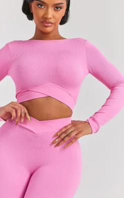 PRETTYLITTLETHING Shape Bright Pink Open Back Long Sleeve Gym Crop Top
