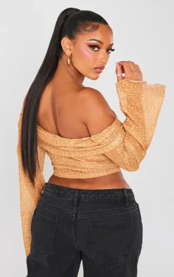 PRETTYLITTLETHING Shape Brown Printed Mesh Bardot Long Sleeve Crop Top