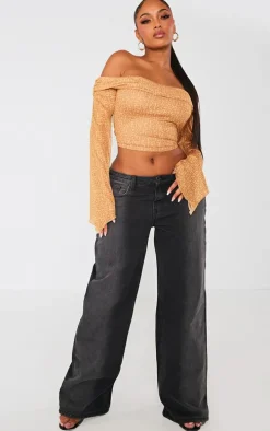 PRETTYLITTLETHING Shape Brown Printed Mesh Bardot Long Sleeve Crop Top