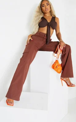 PRETTYLITTLETHING Shape Chocolate Brown Buckle Cargo Wide Leg Pants
