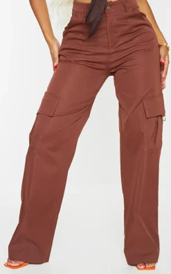PRETTYLITTLETHING Shape Chocolate Brown Buckle Cargo Wide Leg Pants