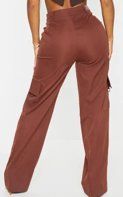 PRETTYLITTLETHING Shape Chocolate Brown Buckle Cargo Wide Leg Pants