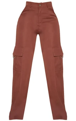 PRETTYLITTLETHING Shape Chocolate Brown Buckle Cargo Wide Leg Pants