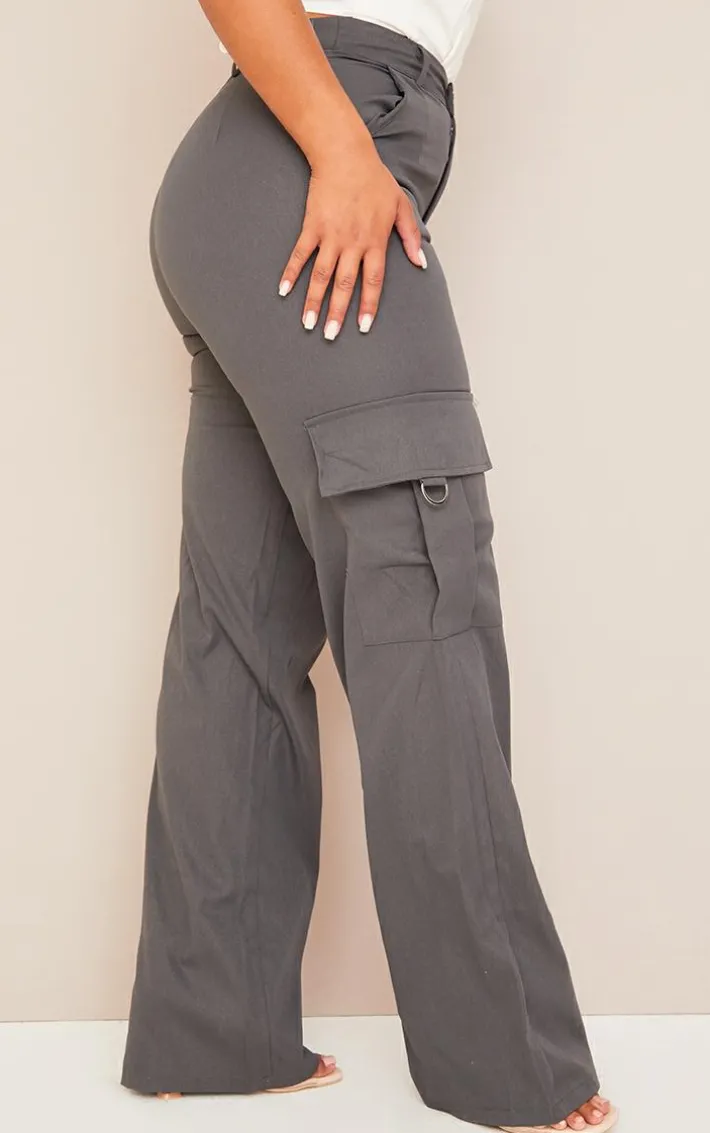 PRETTYLITTLETHING Shape Charcoal Buckle Detail Cargo Wide Leg Pants