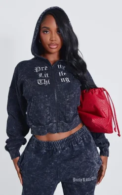 PRETTYLITTLETHING Shape Charcoal Grey Printed Zip Through Washed Hoodie