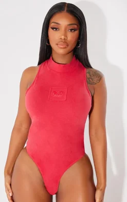 PRETTYLITTLETHING Shape Cherry Red Cotton High Neck Sleeveless Bodysuit