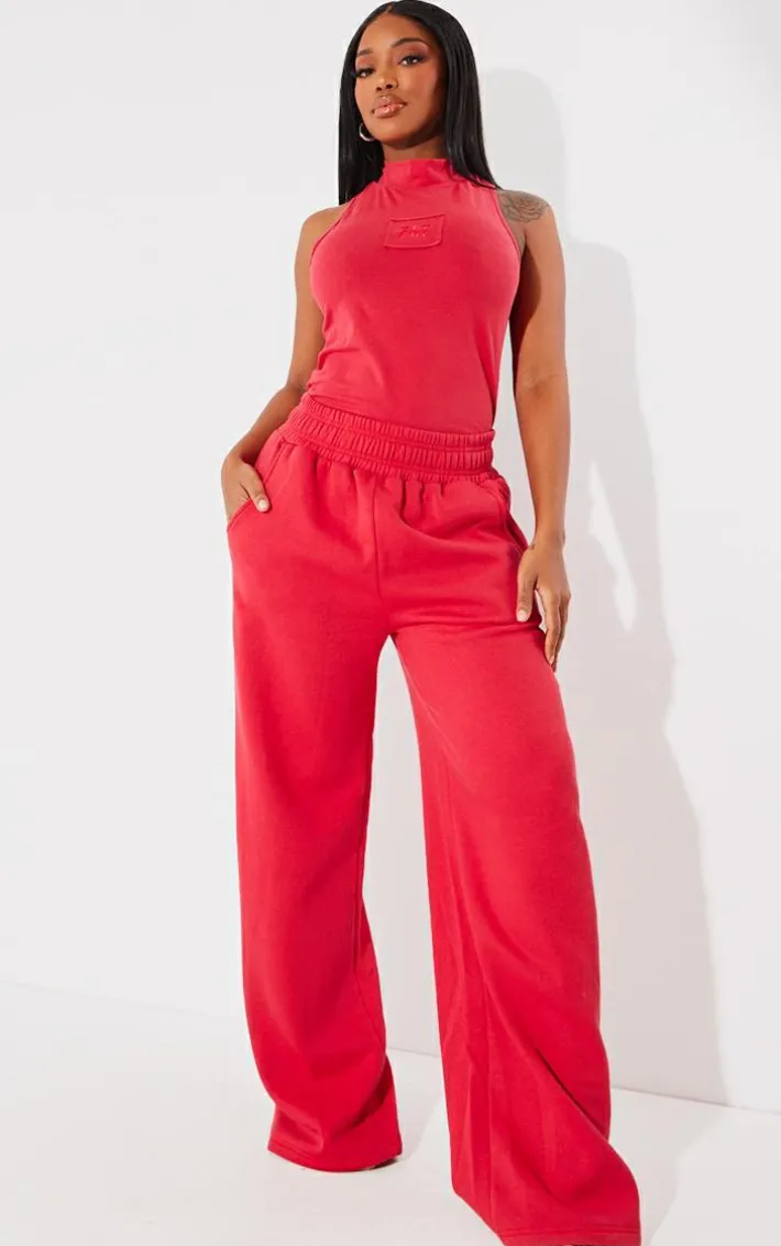 PRETTYLITTLETHING Shape Cherry Red Sweat High Waist Wide Leg Sweatpants