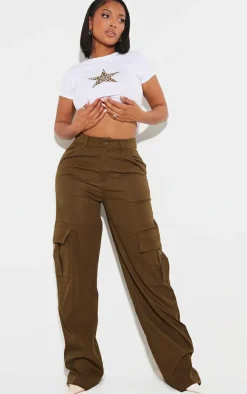 PRETTYLITTLETHING Shape Dark Khaki Green Buckle Detail Cargo Wide Leg Pants