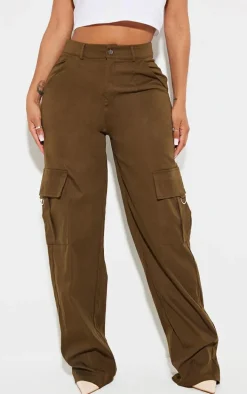 PRETTYLITTLETHING Shape Dark Khaki Green Buckle Detail Cargo Wide Leg Pants
