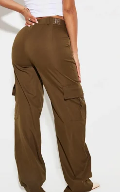 PRETTYLITTLETHING Shape Dark Khaki Green Buckle Detail Cargo Wide Leg Pants
