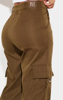 PRETTYLITTLETHING Shape Dark Khaki Green Buckle Detail Cargo Wide Leg Pants