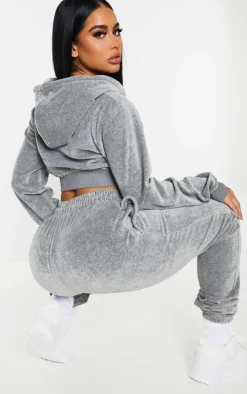 PRETTYLITTLETHING Shape Grey Velour Diamante Skinny Sweatpants
