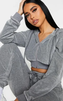 PRETTYLITTLETHING Shape Grey Velour Diamante Extreme Crop Sweatshirt