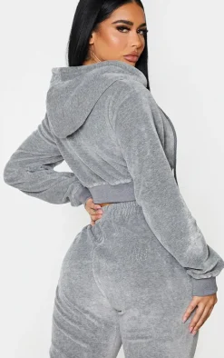 PRETTYLITTLETHING Shape Grey Velour Diamante Extreme Crop Sweatshirt