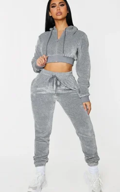 PRETTYLITTLETHING Shape Grey Velour Diamante Extreme Crop Sweatshirt