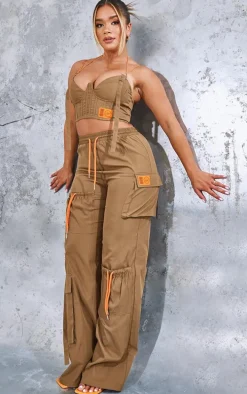 PRETTYLITTLETHING Shape Khaki Cargo Pocket Detail Wide Leg Sweatpants