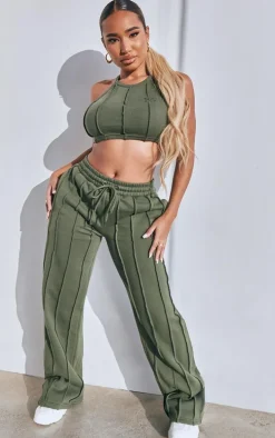 PRETTYLITTLETHING Shape Khaki Wide Leg Seam Detail Sweatpants
