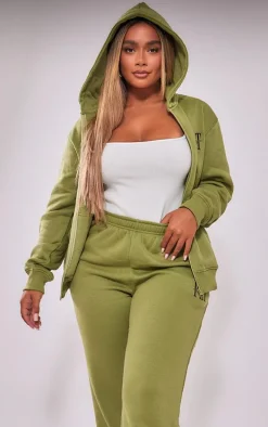 PRETTYLITTLETHING Shape Khaki Embroidered Zip Through Hoodie