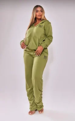 PRETTYLITTLETHING Shape Khaki Embroidered Zip Through Hoodie