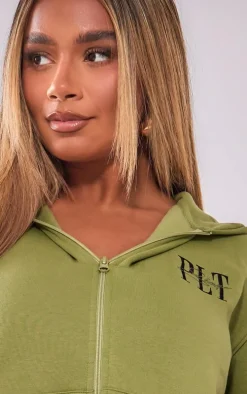 PRETTYLITTLETHING Shape Khaki Embroidered Zip Through Hoodie