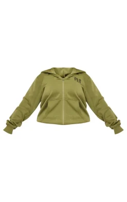 PRETTYLITTLETHING Shape Khaki Embroidered Zip Through Hoodie