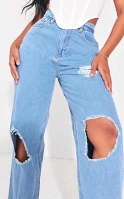PRETTYLITTLETHING Shape Light Blue High Waist Ripped Wide Leg Jeans