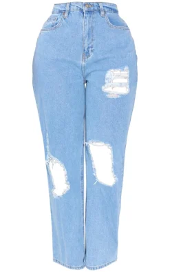 PRETTYLITTLETHING Shape Light Blue High Waist Ripped Wide Leg Jeans