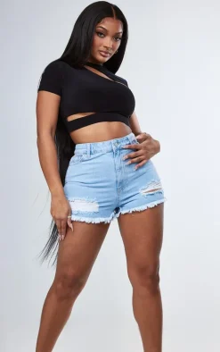 PRETTYLITTLETHING Shape Light Blue Wash Ripped Hem Denim Shorts