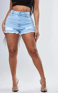 PRETTYLITTLETHING Shape Light Blue Wash Ripped Hem Denim Shorts