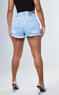 PRETTYLITTLETHING Shape Light Blue Wash Ripped Hem Denim Shorts