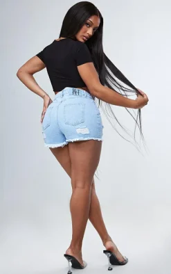 PRETTYLITTLETHING Shape Light Blue Wash Ripped Hem Denim Shorts