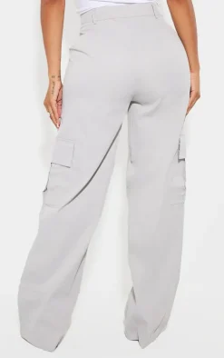 PRETTYLITTLETHING Shape Light Grey Buckle Detail Cargo Wide Leg Pants