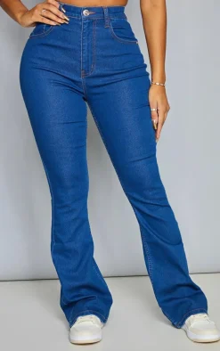 PRETTYLITTLETHING Shape Mid Blue Wash Stretch Denim Flared Jeans