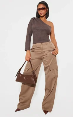 PRETTYLITTLETHING Shape Mocha Rose Buckle Detail Cargo Wide Leg Pants