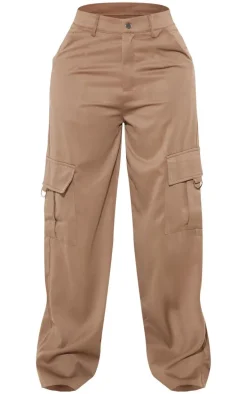 PRETTYLITTLETHING Shape Mocha Rose Buckle Detail Cargo Wide Leg Pants