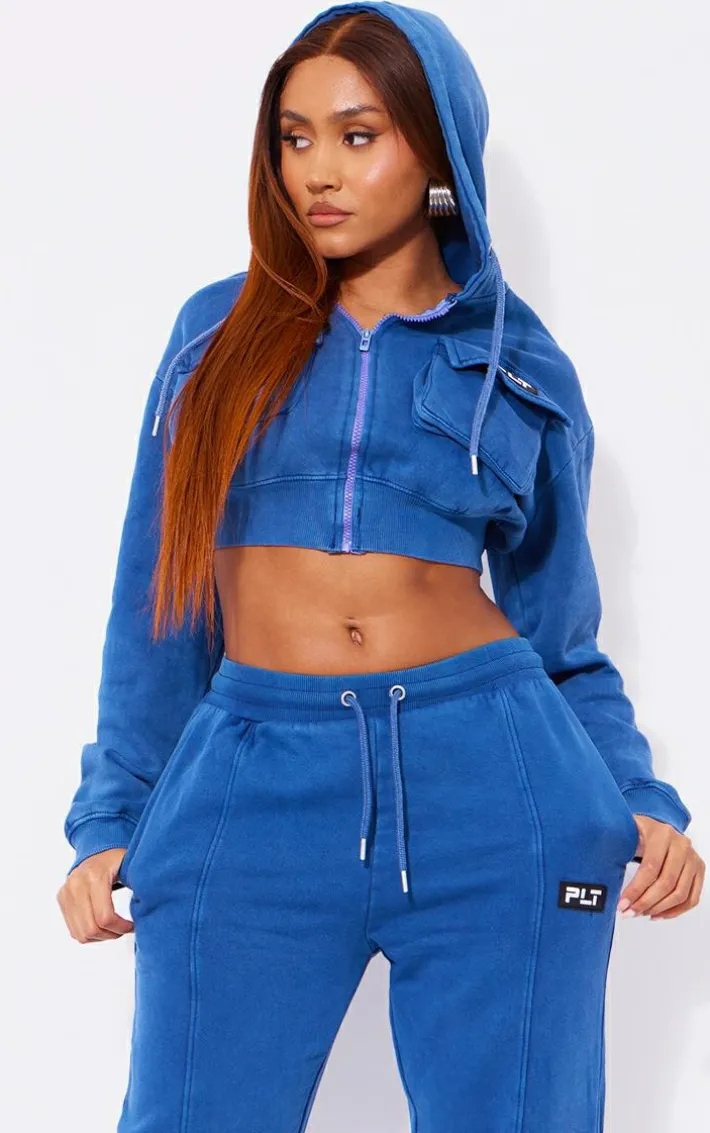 PRETTYLITTLETHING Shape Navy Washed Cargo Cropped Hoodie