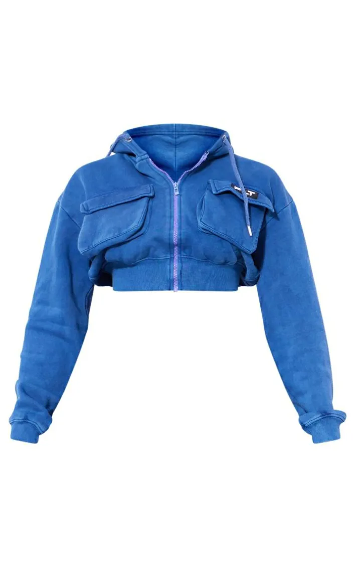 PRETTYLITTLETHING Shape Navy Washed Cargo Cropped Hoodie