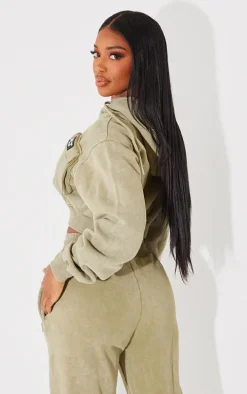 PRETTYLITTLETHING Shape Olive Washed Cargo Cropped Hoodie