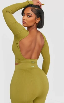 PRETTYLITTLETHING Shape Olive Open Back Long Sleeve Gym Crop Top